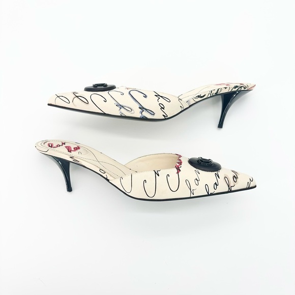 NEW Chanel 2006 Cruise Script Print CC Logo Pointed Toe Kitten Heel Mules 40 - Picture 6 of 10
